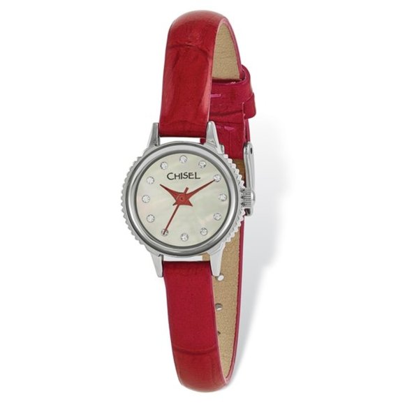 Ladies Chisel Stainless Steel Red Leather Strap Wrist Watch - Picture 1 of 2